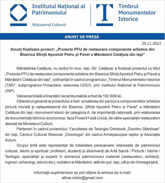 Anunț finalizare proiect: „Proiecte PFU de restaurare componente artistice din Biserica Sfinții Apostoli Petru și Pavel a Mănăstirii Cetățuia din Iași”